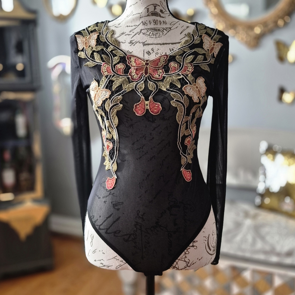 Cotton Candy Y2K Black Long-Sleeve Bodysuit with Butterfly Embroidery Small